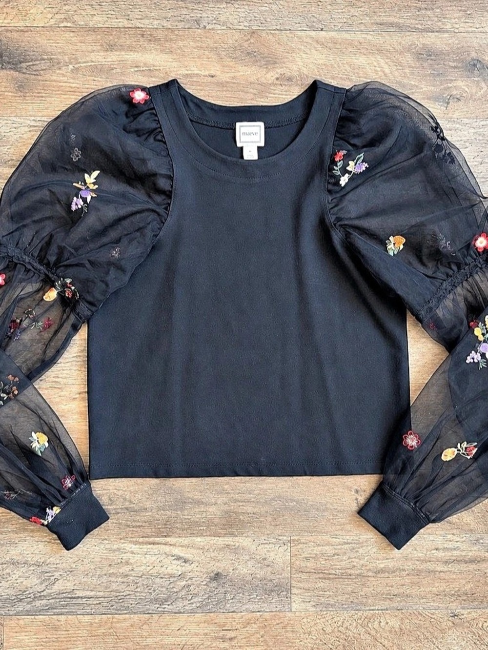 Maeve Black Embroidered Sheer Mesh Puff Sleeve Top XS Like New